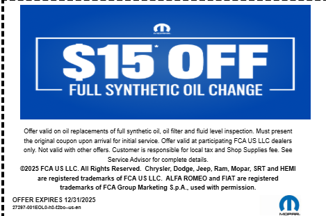 Full Synthetic Mopar oil change